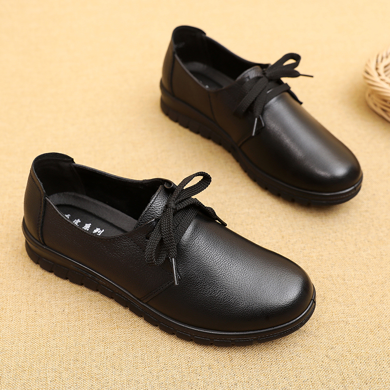 秋冬款加绒棉鞋真皮妈妈鞋平底单鞋女软底防滑工作鞋休闲系带皮鞋 - 图2