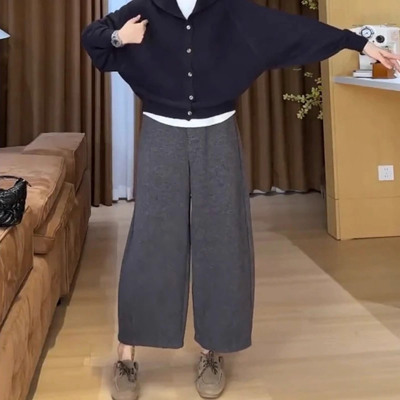 加绒毛呢休闲裤女秋冬145小个子八分梨形身材宽松显瘦阔腿奶奶裤9 - 图1