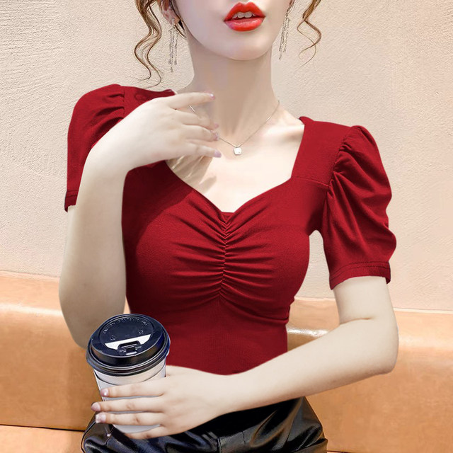 Square neck puff sleeve top for hot girls short sexy T