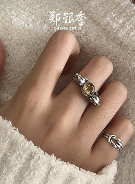 郑银季S925银黄水晶女戒指尼泊尔风格双头猎豹夸张个性指环可调节