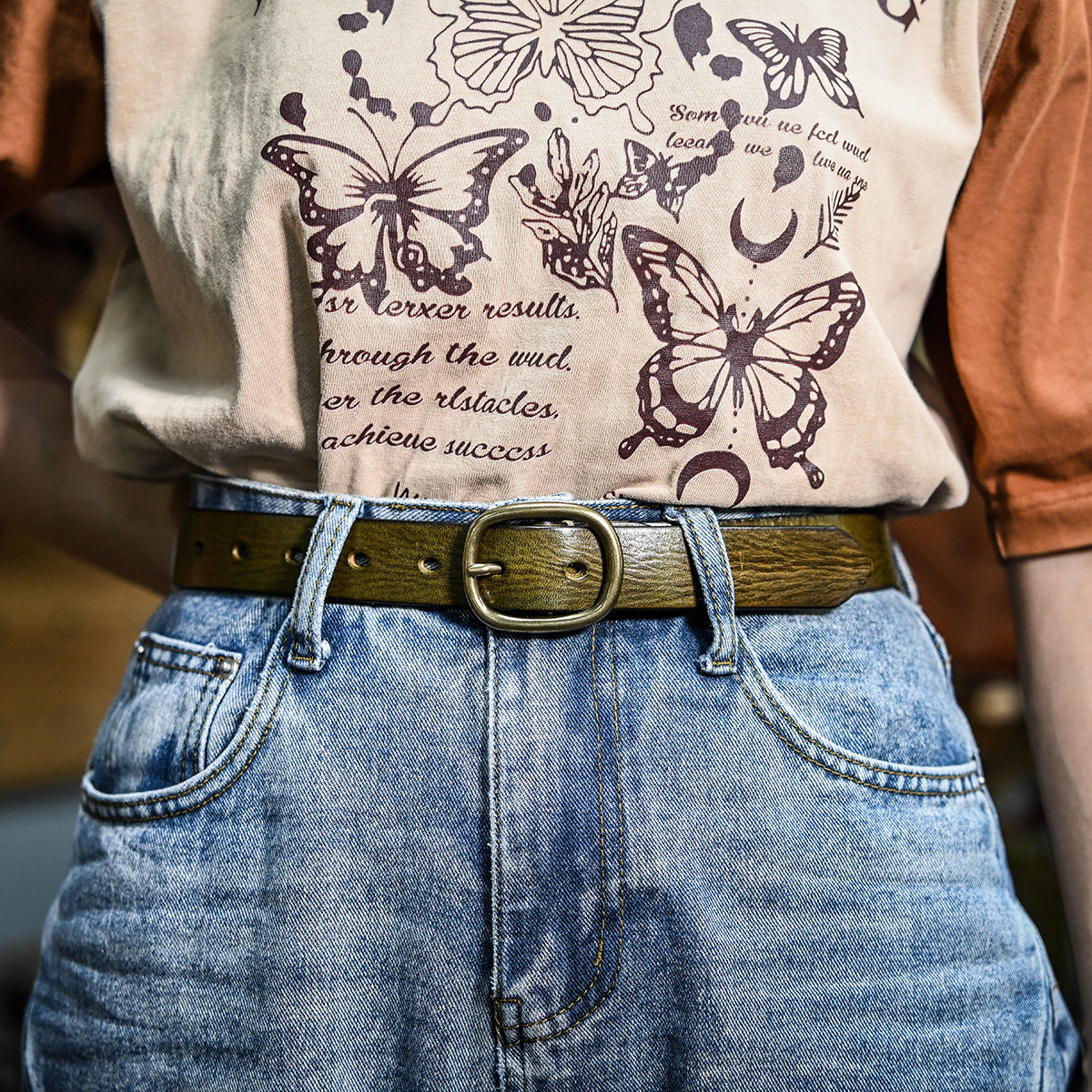 真皮复古铜扣头女士腰带新款皮带宽简约百搭针扣裤带手工擦色做旧