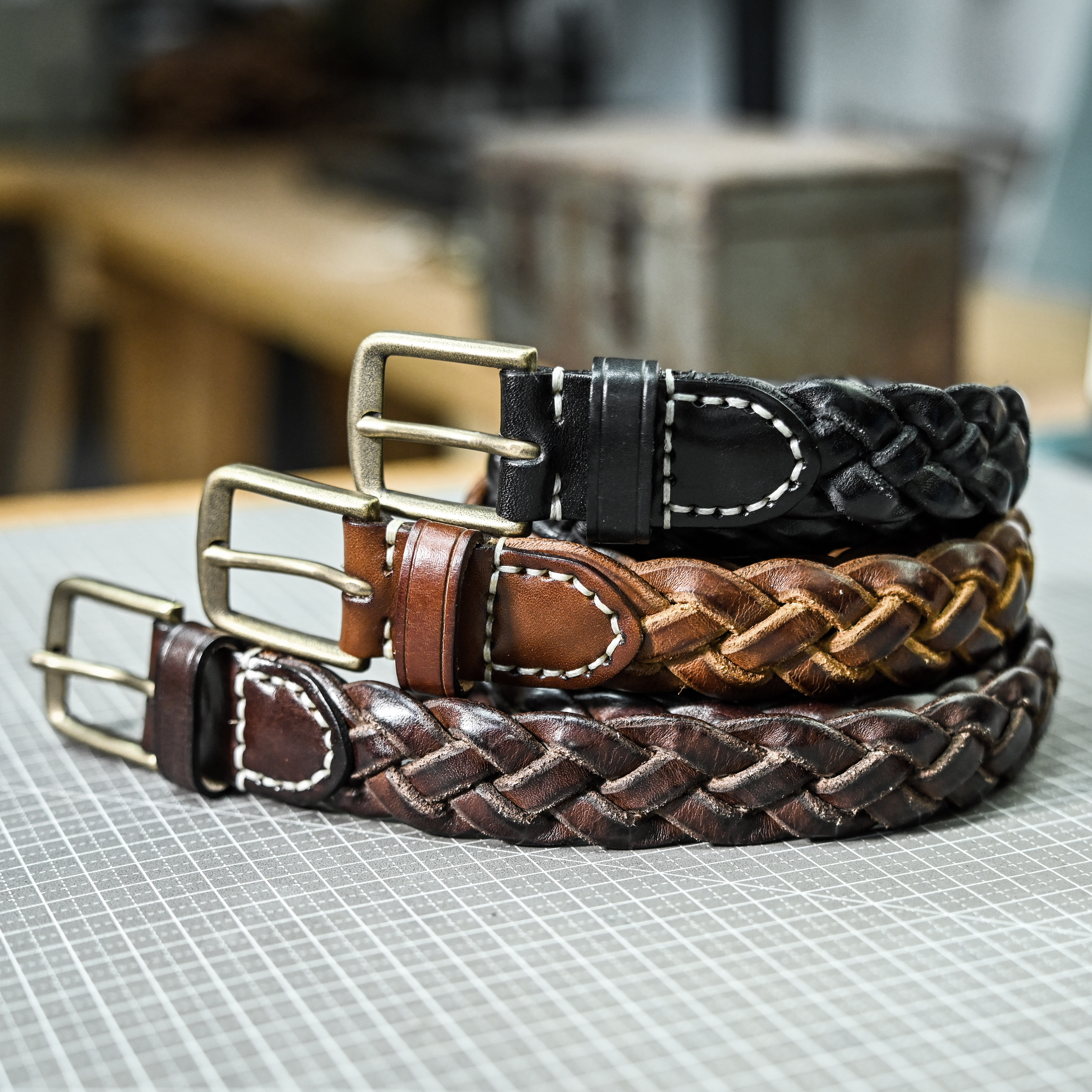 牛皮手工编织皮带 复古水洗做旧手腰带 铜扣 植鞣牛皮真皮 柔软皮 - 图0