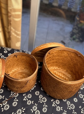 复古竹编茶叶盒白茶黑茶普洱茶茶饼包装六堡茶篓广西竹篮做旧竹篓