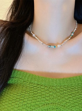 天然石项链女 彩色串珠高级感锁骨链 绿色石头极光碎银子珍珠颈链
