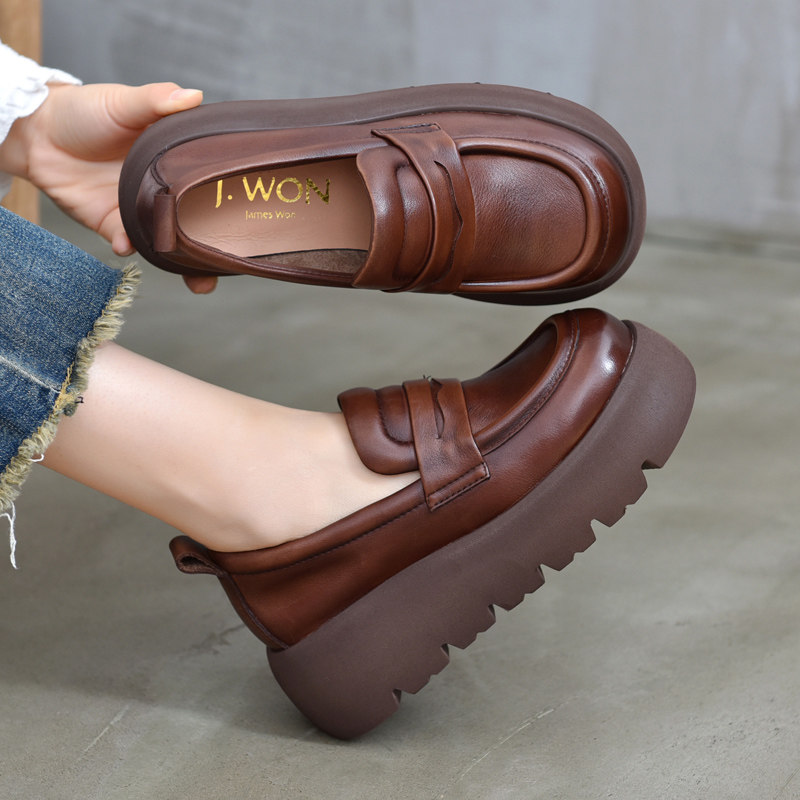 真皮乐福鞋厚底2025秋冬新款一脚蹬增高复古加绒皮鞋女鞋休闲单鞋 - 图1