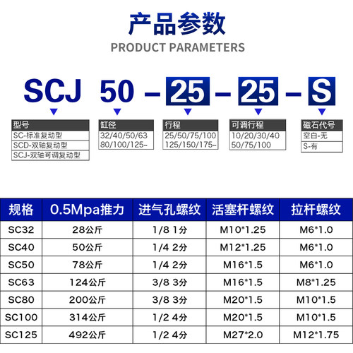 星辰气动标准气缸可调行程SCJ63/32/40/80-100*25*50X75-150-200S - 图0