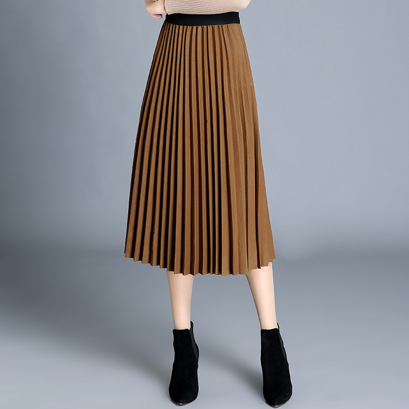 高腰中长百褶裙2020春秋毛呢女长裙 早菲服饰半身裙