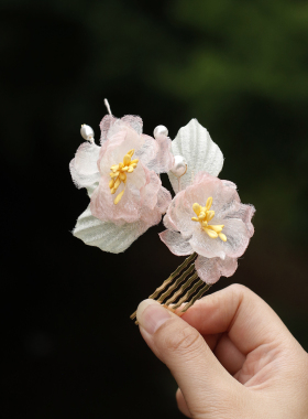 超仙粉色绢纱花朵发夹温柔