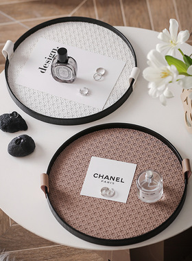 北欧皮革托盘复古收纳盘样板间客厅茶几餐厅轻奢木质置物圆盘摆件