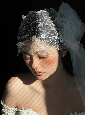 复古气质婚纱发饰超仙法式手工蕾丝花朵头纱甜美高级结婚礼服头饰