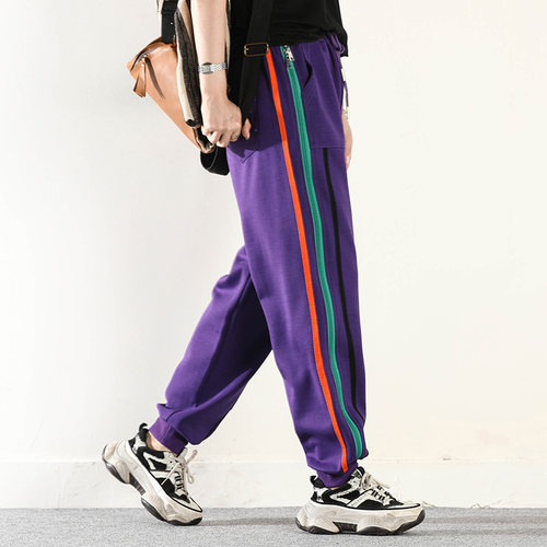 皇森秋季彩色条纹运动裤女卫裤抽绳松紧腰韩版宽松哈伦休闲垮裤女 - 图1