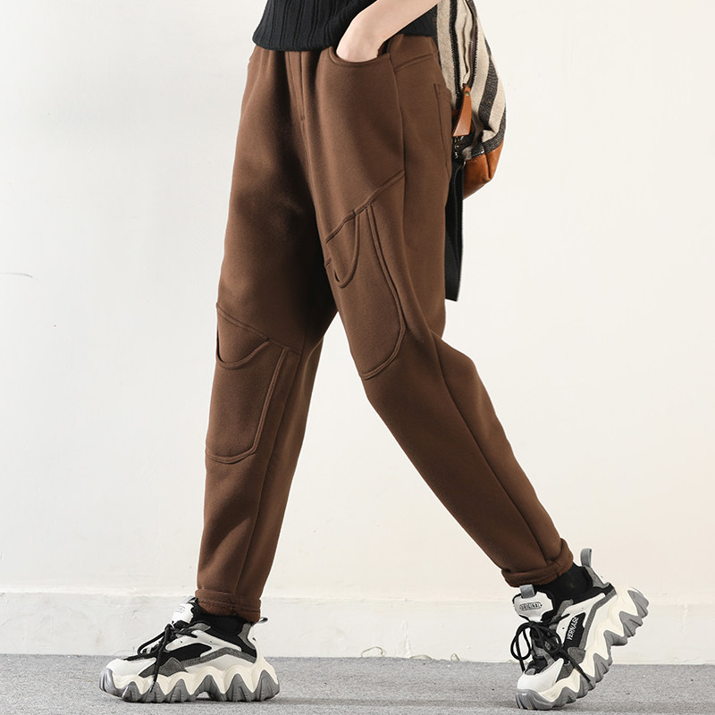 皇森冬季新款加绒加厚口袋装饰休闲裤女保暖宽松显瘦卫裤女哈伦裤,淘宝优惠券,粉丝福利购,淘宝优惠卷