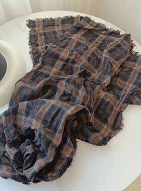秋冬季皱褶毛边复古女棕灰色围巾