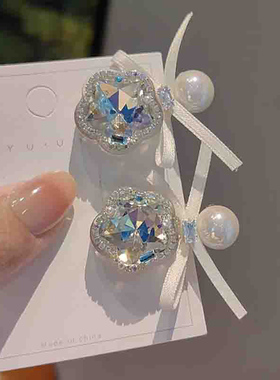 韩系蓝色水钻蝴蝶结发夹氛围感侧边碎发夹鸭嘴夹少女刘海夹头饰