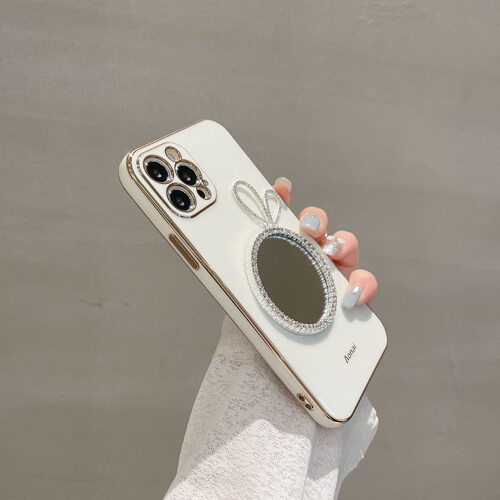 水钻兔耳朵补妆镜子iPhone16pro适用15pro手机壳14proMax超薄软硅胶12个性创意11苹果13防摔保护套plus女新款 - 图1