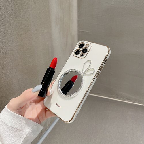 水钻兔耳朵补妆镜子iPhone16pro适用15pro手机壳14proMax超薄软硅胶12个性创意11苹果13防摔保护套plus女新款 - 图0