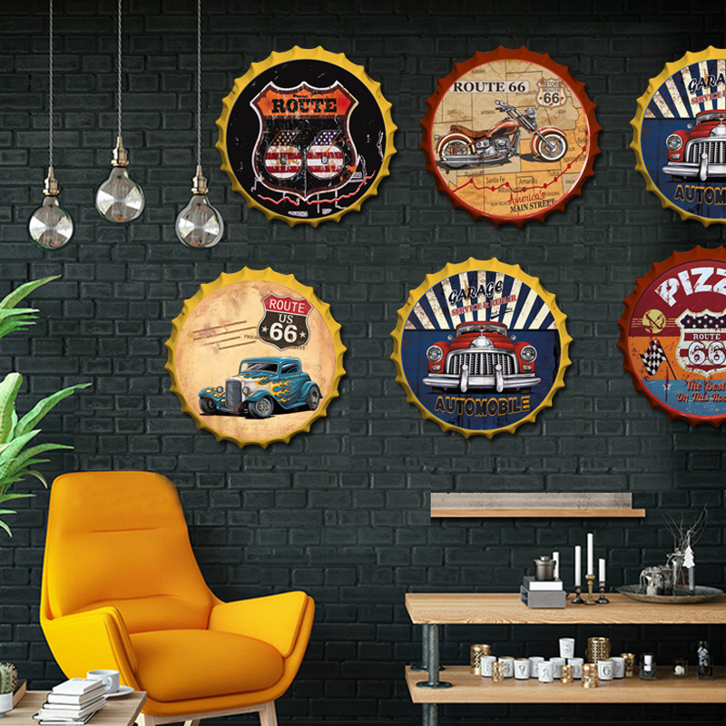 工业风美式复古啤酒盖铁皮画烧烤店咖啡休闲酒吧背景墙面个性装饰