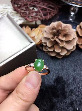 天然和田碧玉戒指，925银精工