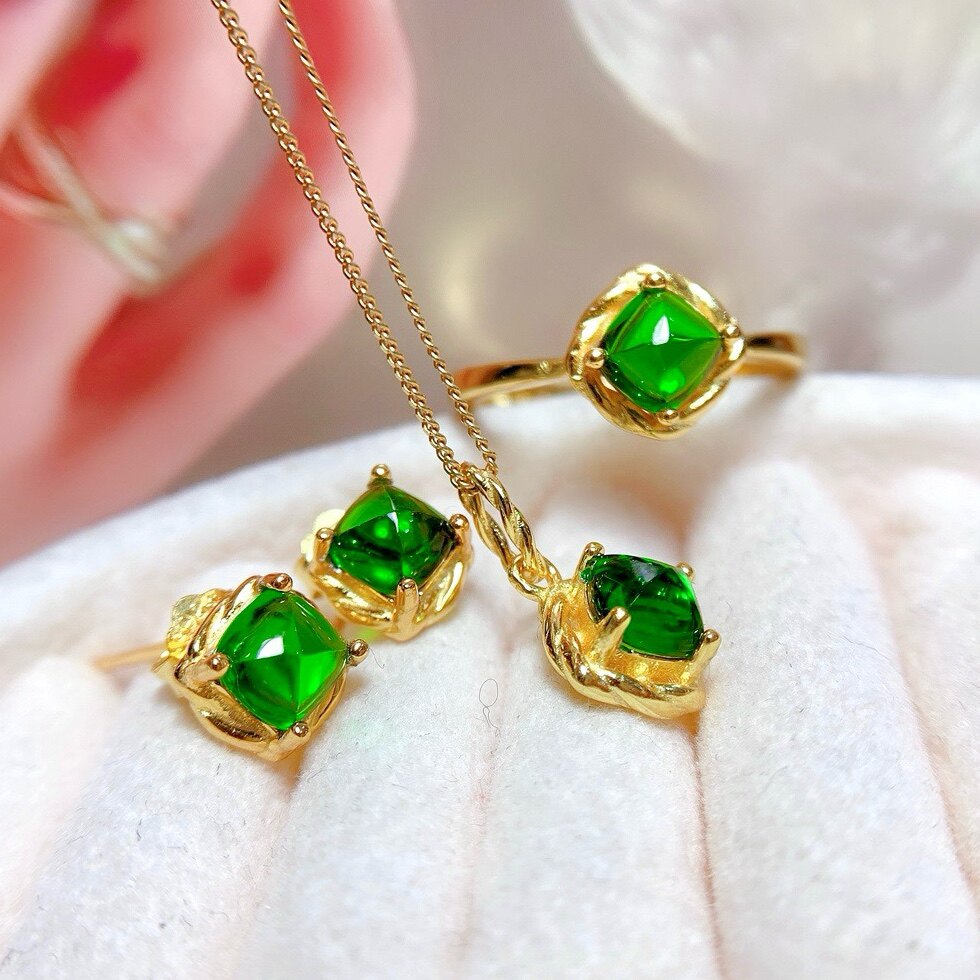 Natural sugar tower diopside set, main stone pillow 5*5mm candy color diopside ring, earrings, pendant