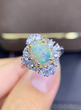 天然欧泊戒指925银18k金电镀