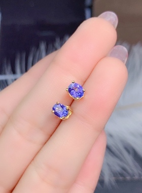 天然坦桑石耳钉925银精工镶嵌