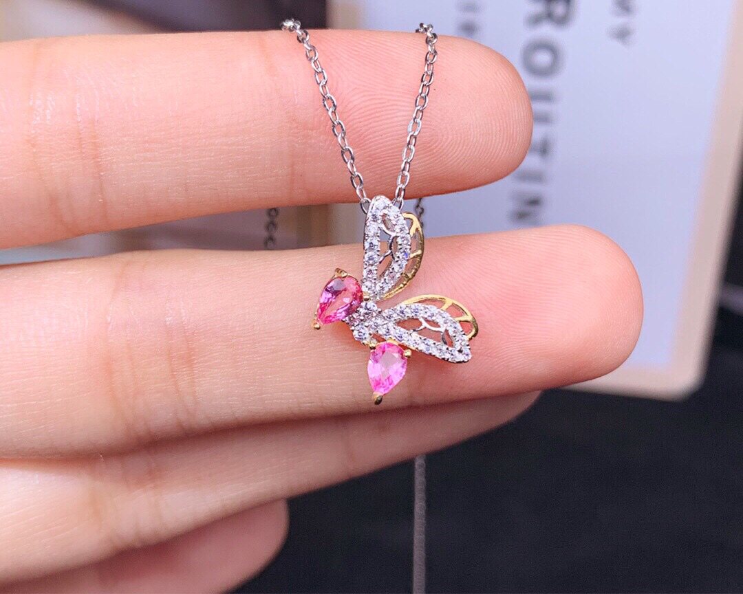s925银镶天然粉色蓝宝石莲花吊坠主石尺寸3*4mm小蝴蝶支持鉴定