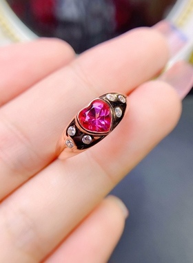 精美时尚爱心戒指925银镀金天然粉托帕戒指 心6*6MM开口戒指