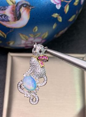 炫彩星空欧泊吊坠猫咪可爱银镀金