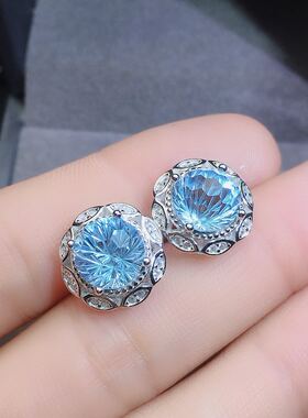 新款精品天空蓝烟花托帕石套装 蓝托帕戒指 耳钉 吊坠 裸石8*8MM