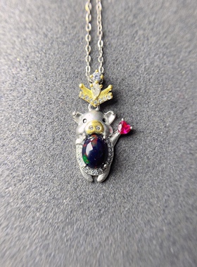 特惠天然炫彩黑欧泊吊坠 石6*8mm925银精工镶嵌可爱卡通猪猪吊坠
