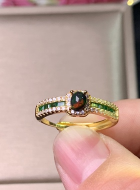 特惠925银镀黄金天然炫彩黑欧泊戒指 开口戒指 石4*5Mm