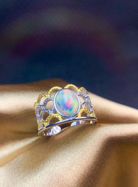 绚丽风925银主石毫米欧泊戒指