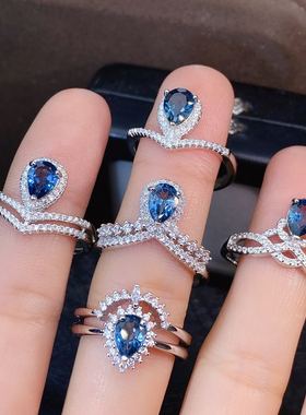 天然伦敦蓝18K金镶嵌开口戒指