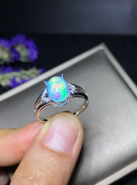 福利银镶天然欧泊戒指炫彩主石