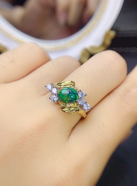 天然炫彩黑欧泊戒指925银镀18K黄金镶嵌6*8mm开口设计复古风格