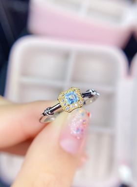 戒指925银精工镶嵌天然海蓝宝