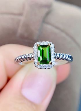 天然巴西透辉石镀白金绿戒指