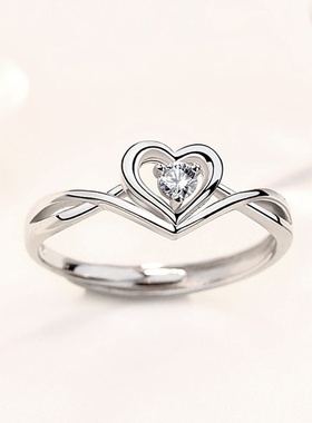 丽铭s925纯银爱心戒指女韩国简约钻石求婚表白结婚时尚指环