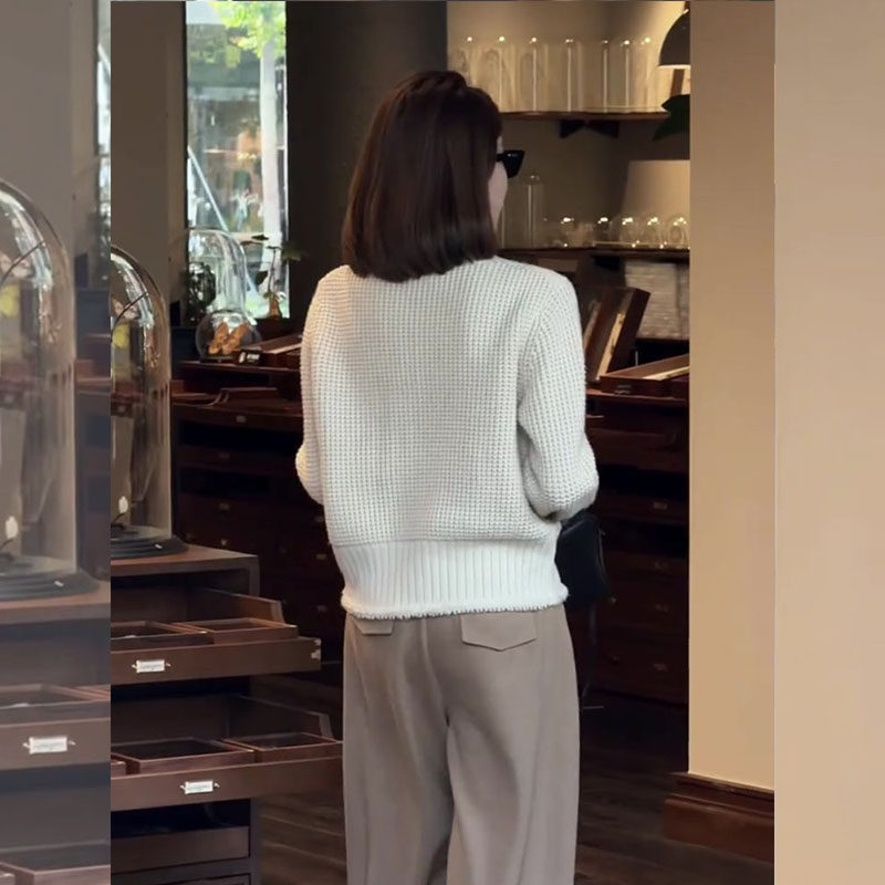 韩系一整套ootd穿搭2026年春季华夫格米杏色针织开衫阔腿裤套装女,淘宝优惠券,粉丝福利购,淘宝优惠卷