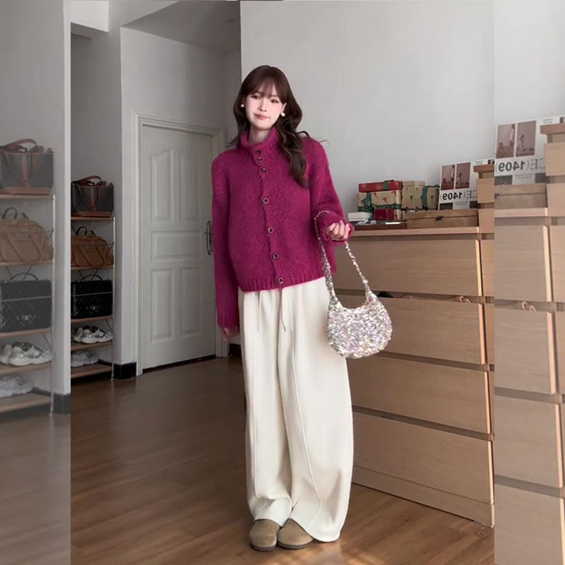 2026春季玫红色立领针织毛衣套装女超火休闲巨好看韩式搭配一整套,淘宝优惠券,粉丝福利购,淘宝优惠卷