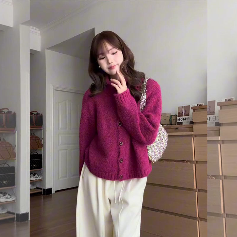 2026春季玫红色立领针织毛衣套装女超火休闲巨好看韩式搭配一整套,淘宝优惠券,粉丝福利购,淘宝优惠卷