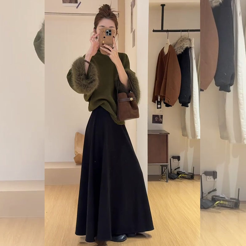慵懒风毛绒绿色针织上衣女2026春季高级感半高领毛衣半身裙一整套,淘宝优惠券,粉丝福利购,淘宝优惠卷