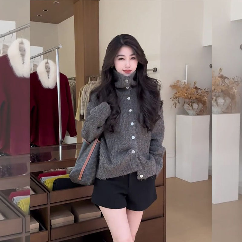 法式复古深灰色高领针织开衫2026年早春慵懒风独特时尚毛衣外套女,淘宝优惠券,粉丝福利购,淘宝优惠卷