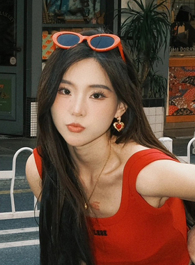 椭圆韩版红色复古太阳镜防晒