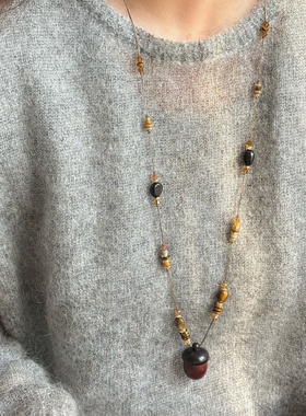 《秋林松果》秋冬时髦复古新中式木质串珠虎眼石长款项链毛衣链女