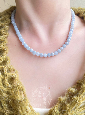 复古新中式天然冰种海蓝宝项链女