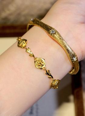 复古法式古法沙金玫瑰花朵手链女