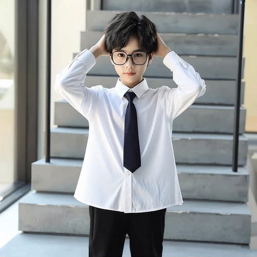 儿童免烫白衬衫校服长袖小学生校服男女童主持演出礼服加绒蓝衬衣 - 图0