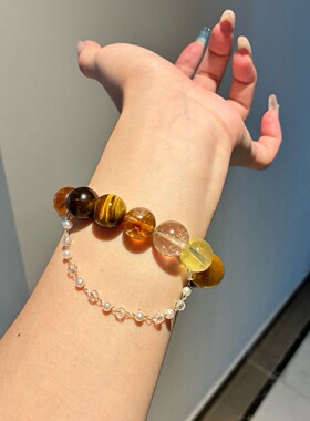天然水晶黄虎眼黄塔晶柠檬晶金发晶黄虎眼黄水晶手链女款单圈