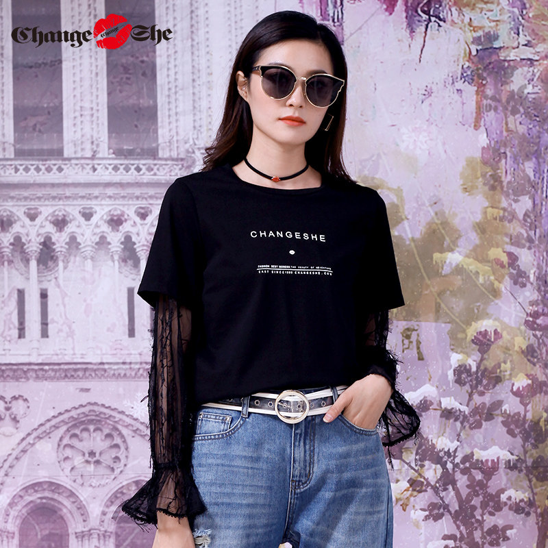 千细change she2020新款蕾丝袖衬衫 changesheT恤